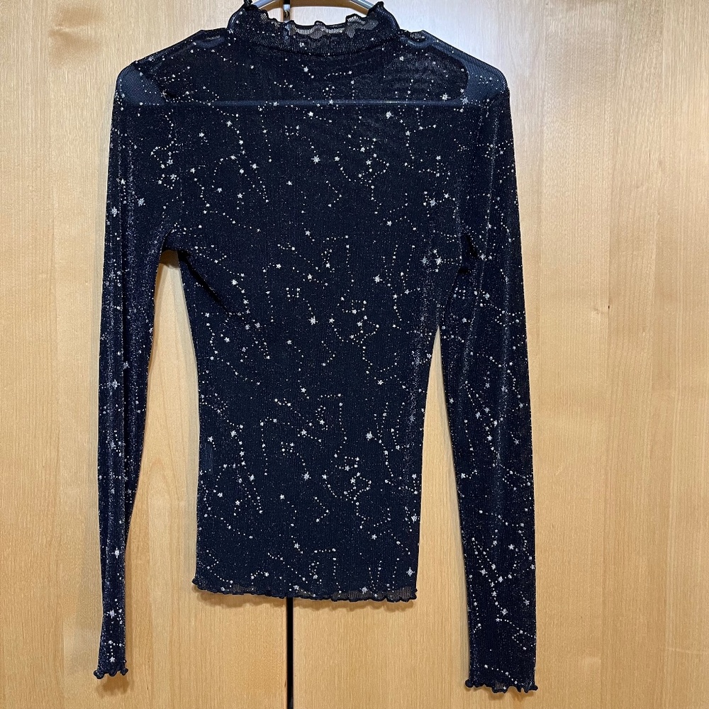 Sheer Black Long Sleeve Top with Stars and Sparkles Stretchy Size L